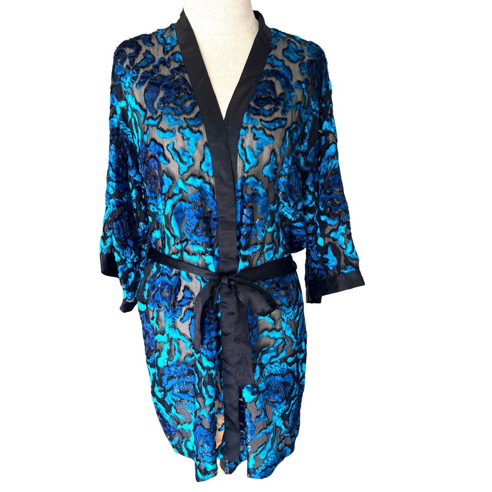 Victoria's Secret Robe S Blue Velvet Burnout Sheer Kimono Gold Label Vintage